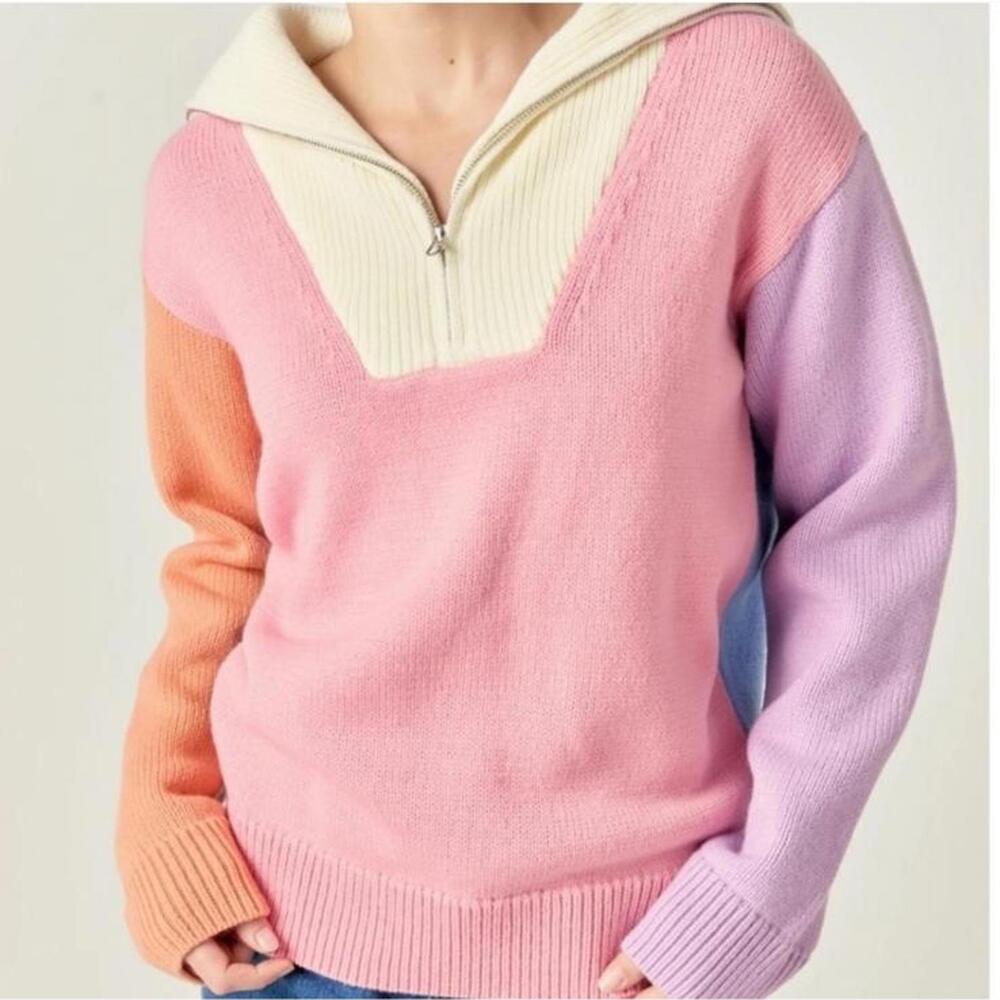 English Factory Women's Colorblock 1/2 Zip Wool Blend Pullover Sweater Medium